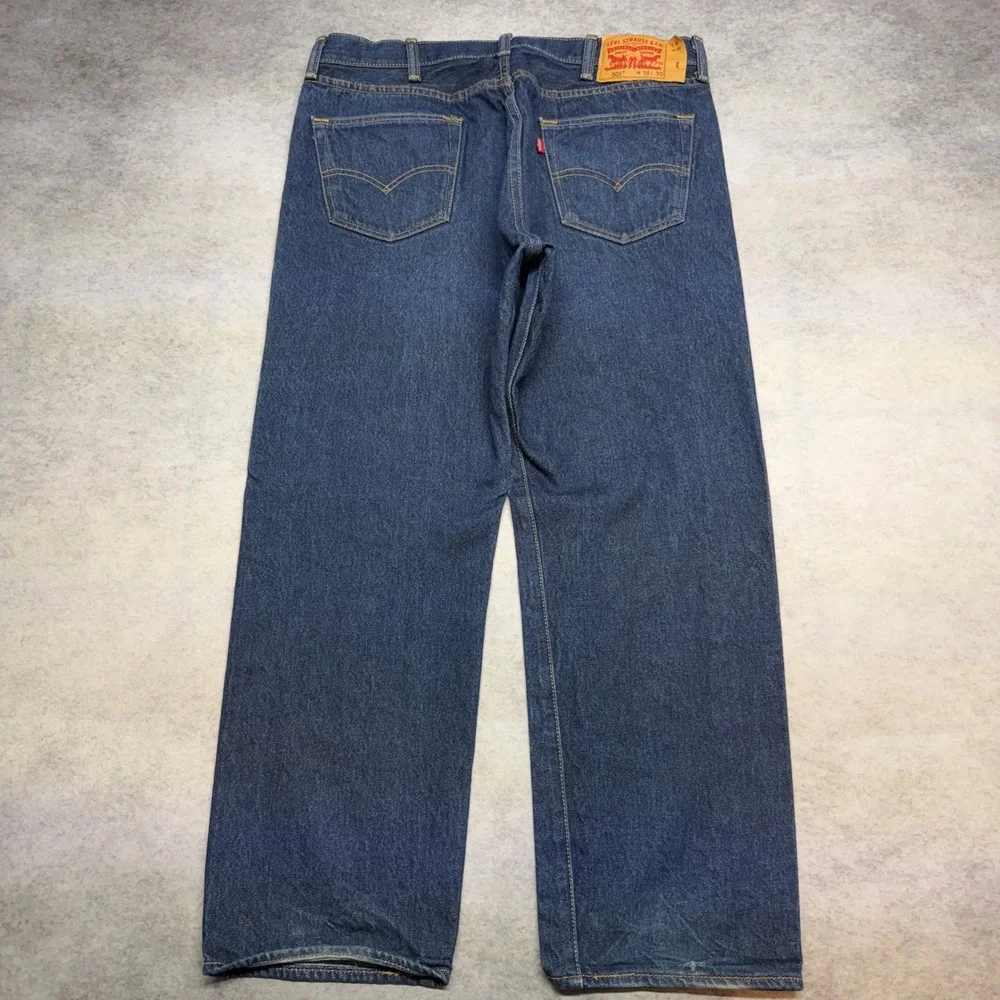 Levi's 501 Original Fit Jeans Mens 38x30 Dark Wash Blue Straight Leg Distressed - Picture 3 of 12
